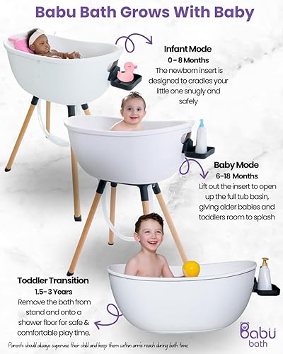 Miniatura 7 de Bañera de lujo para bebé con soporte de madera, diseño convertible de 3 etapas, ergonómico y protector de espalda (paquete negro (moderno))