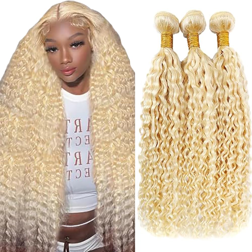 Tuheerst Water Wave Bundles Human Hair #613 Blonde Color Doubles Weft Weave 3 Bundles Total 150g Unprocessed Human Hair Extension 20 22 24 Inch