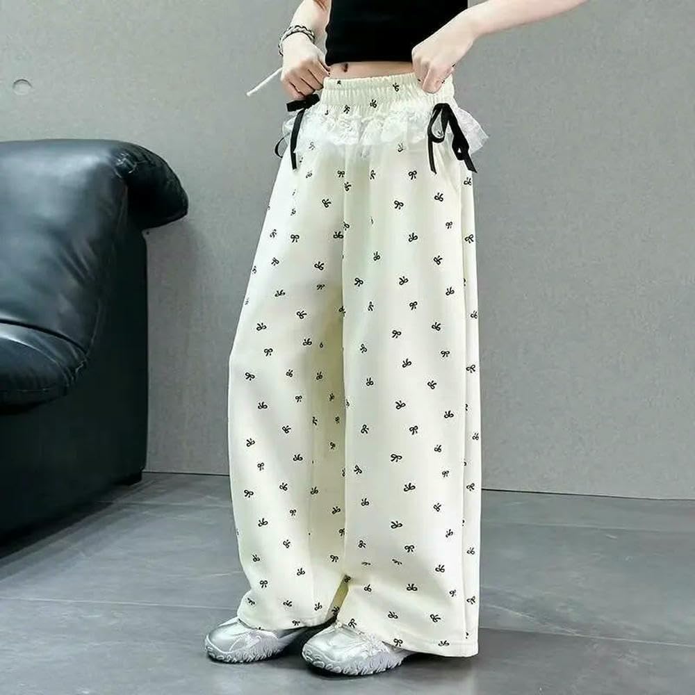 GLDFW Pantaloni estivi da ragazza a gamba larga sottili con nodo casual vestibilità ampia abbigliamento per bambini in fibra di poliestere elastico in vita pantaloni lunghi
