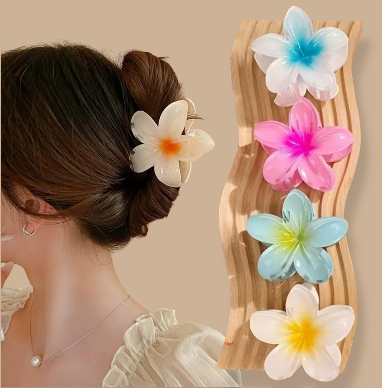 Bakefy-4 pcs Hair Claw Clips For Women Girls Plumeria Clutchers For Thin Thick Hair Large Claw Clips, Beach Tropical Hair Accessories for Girls