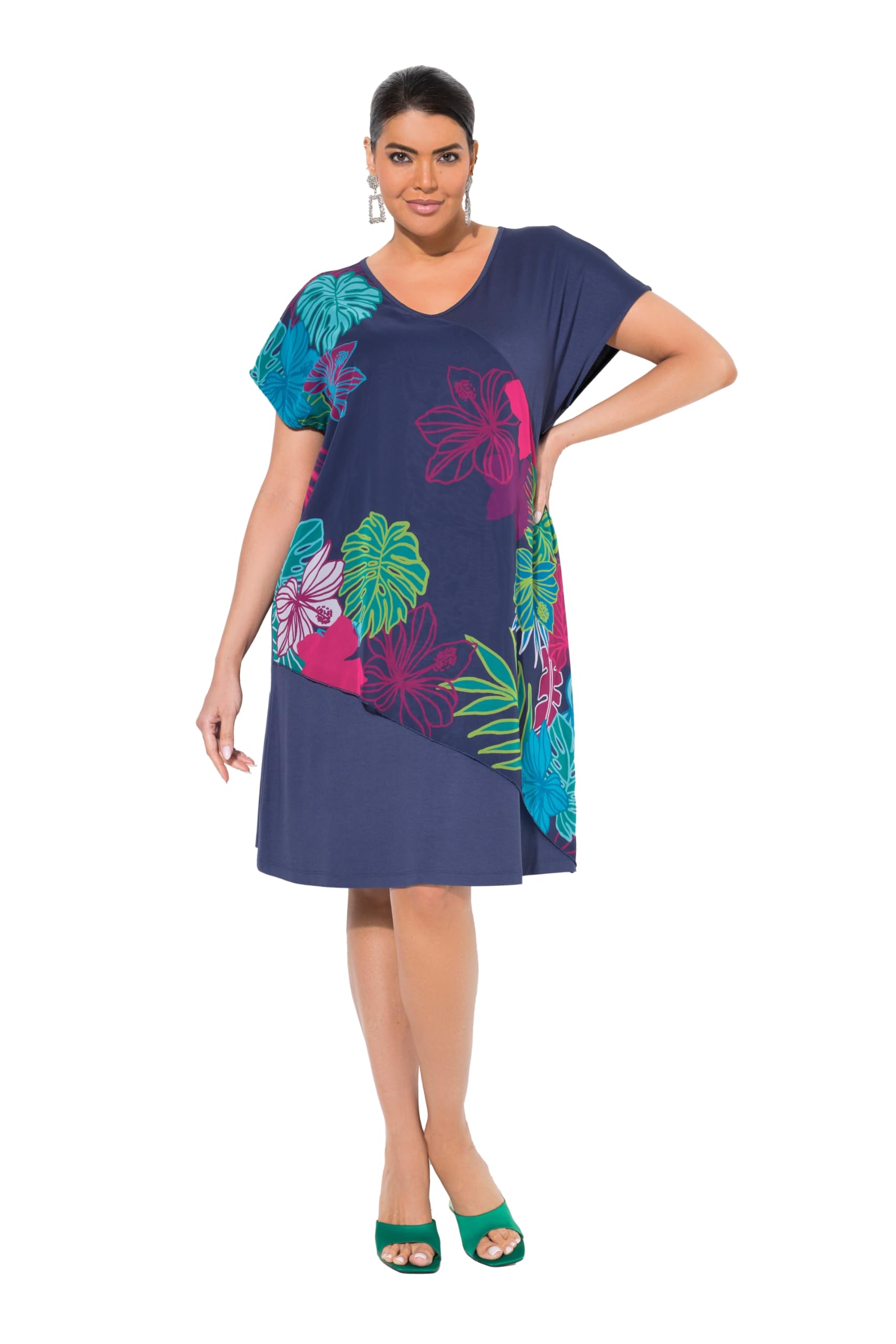 Ulla Popken Damen große Größen Übergrößen Plus Size Jerseykleid, Chiffon-Überwurf, V-Ausschnitt, Halbarm 839252