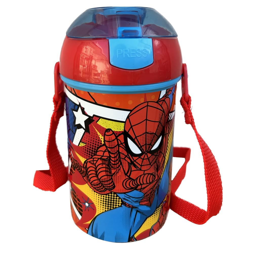 Spiderman Marvel Pop Up Bottle - Reusable Plastic Bottle with Shoulder Strap - BPA Free - 450ml