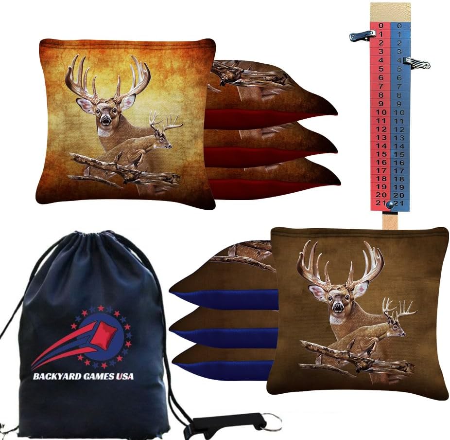 CornholeGamesUSA Tournament Cornhole Bags Sets of 8 Regulation Professional, Slick n Stick Corn Hole Beans Bags for Cornhole Games (Tournament All Weather Cornhole Bags, Deer)