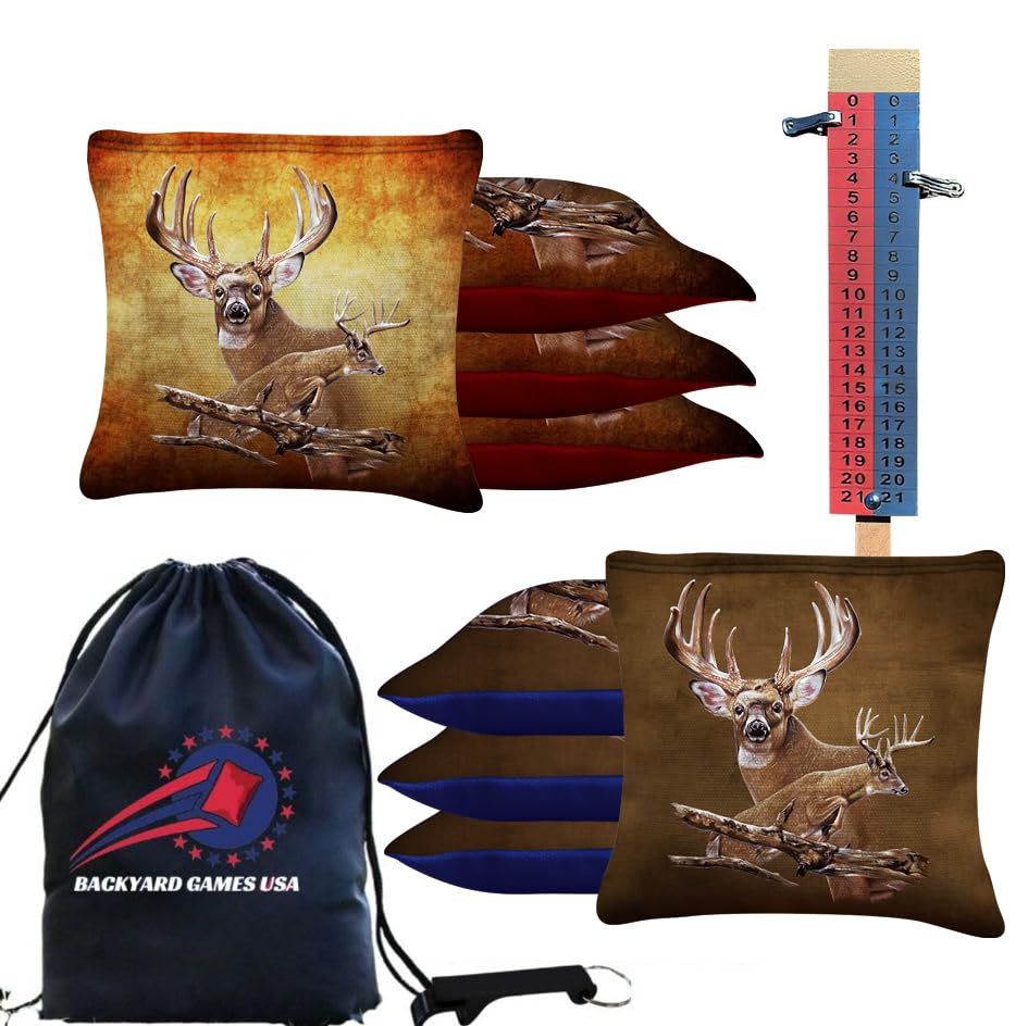CornholeGamesUSA Tournament Cornhole Bags Sets of 8 Regulation Professional, Slick n Stick Corn Hole Beans Bags for Cornhole Games (Tournament All Weather Cornhole Bags, Deer)