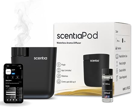 Scentia Waterless Plug-in Scent Diffuser for Home & Office with App Control, Cold-Air Diffuser, 600 Sq Ft Coverage, Hotel-Inspired Essential Oil Blend Included, Housewarming Gift Scentia, Black