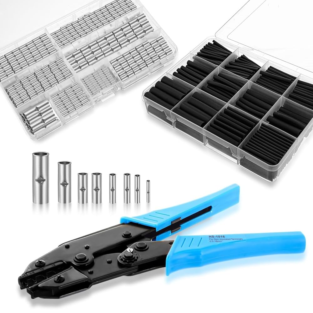 Littimoon Uninsulated Butt Connector Kits Wire Butt Splice Connectors,Heat Shrink Tubing Kits Wire Crimping Tool for 26 to 6 Gauge