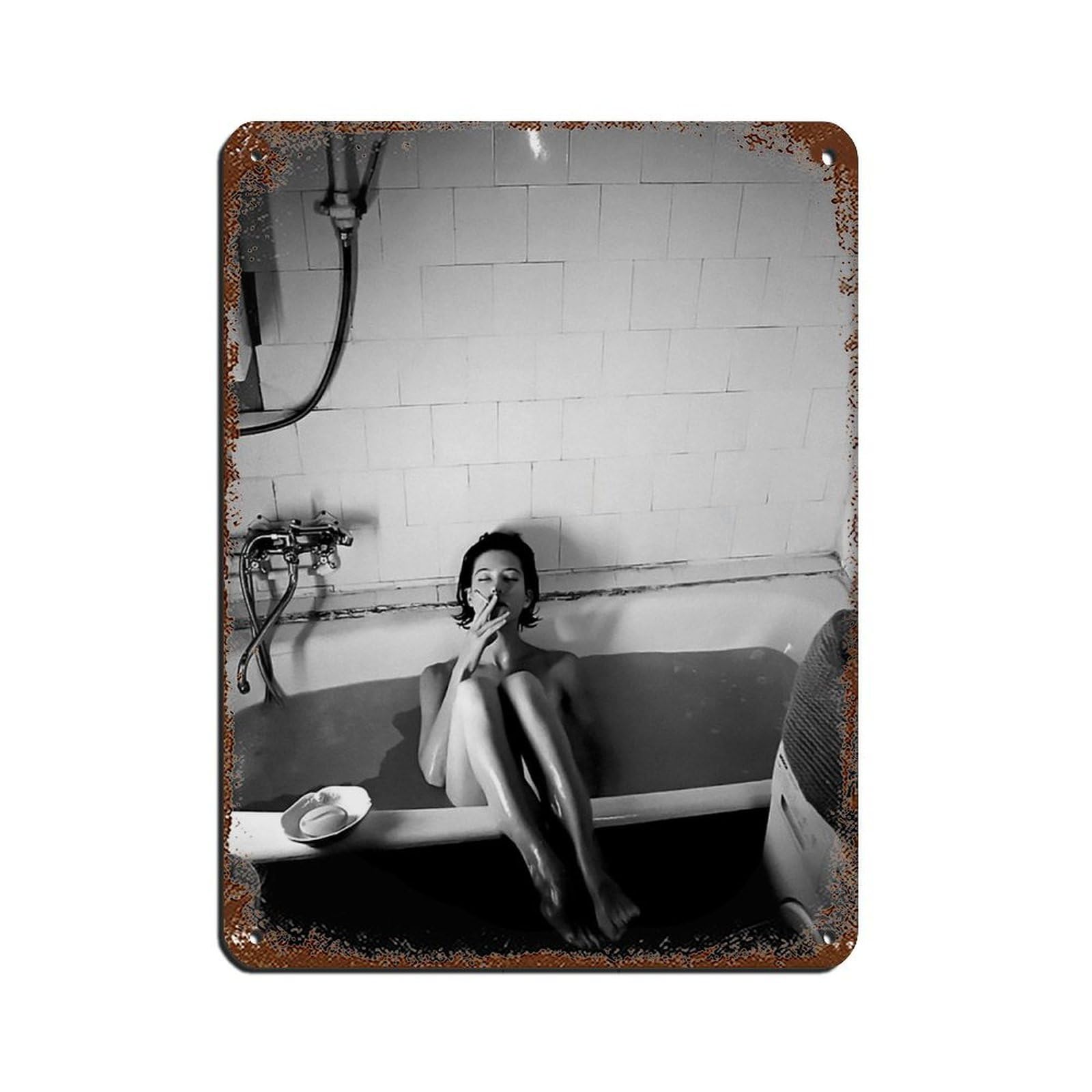 Woman Smoking in Bathtub, Feminist Poster Tin Sign Vintage Metal Pub Club Cafe Bar Home Wall Art Decoration Poster Retro 12x16inch(30x40cm)