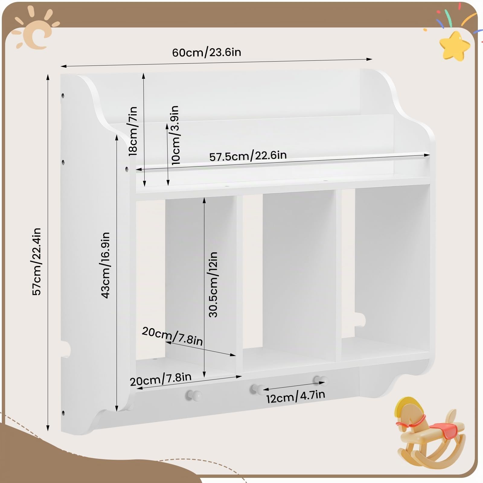 WOLTU Estantería Pared, Librería Infantil Flotante, Estantes de Pared | con 3 Compartimentos y 4 Ganchos de Pomo, para Niños, para Guardería, Habitación Infantil y Sala de Juegos, Blanco
