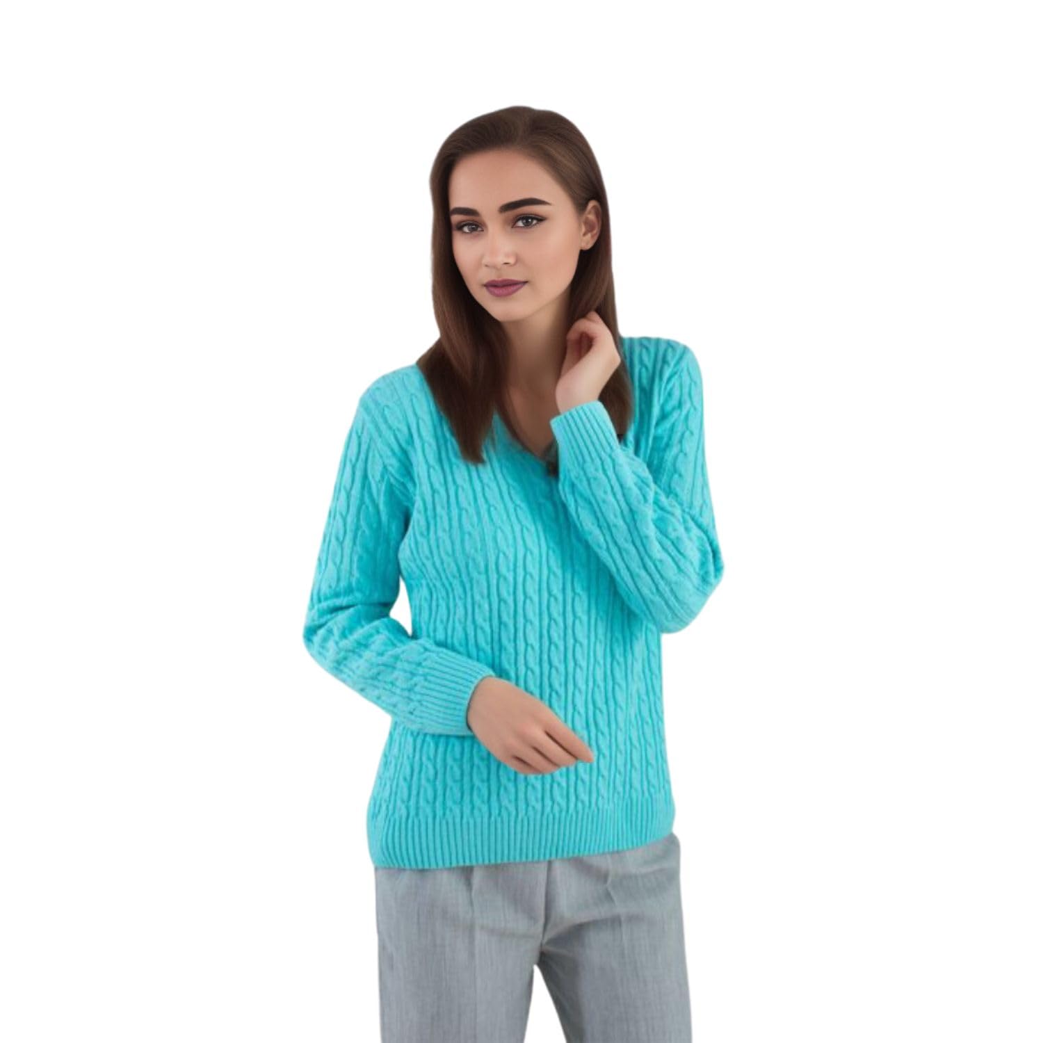 WearAll Women's Plus Cable Knitted Long Sleeve V-Neck Sweater Top Ladies Stretch Jumper - Aqua - 8-10
