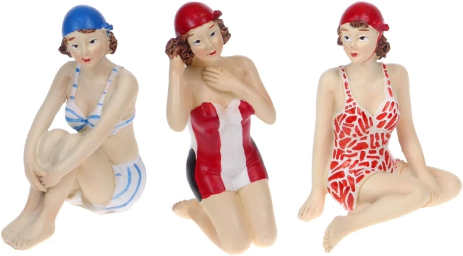 Glamorous Set of 3 BEACH BELLE Lady Swimmers/Bathers - BATHROOM ORNAMENTS/FIGURINES - Red, White, Blue - 10.5cm