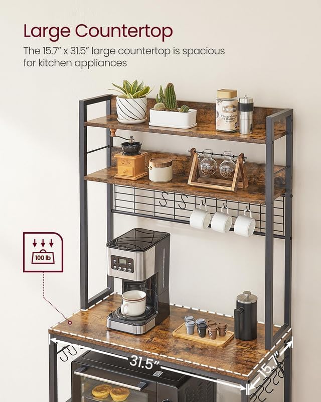 Image of 5-Tier Kitchen Organizer Rack|Multipurpose Microwave Stand for Kitchen Platform & OTG Oven|Steel Utensils Storage Shelf with Hooks | Engineered Wood & Metal Rack for Home | 80x40x170 cm | Rustic Brown