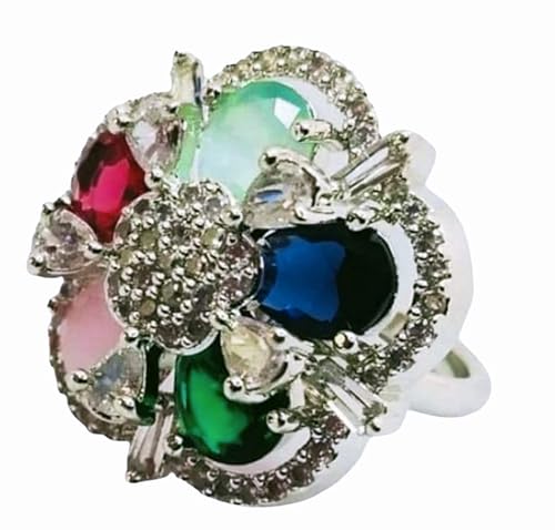AMERICAN DIAMOND MULTICOLOURED SILVER PLATED ADJUSTABLE RING FOR WOMEN AND GIRLS