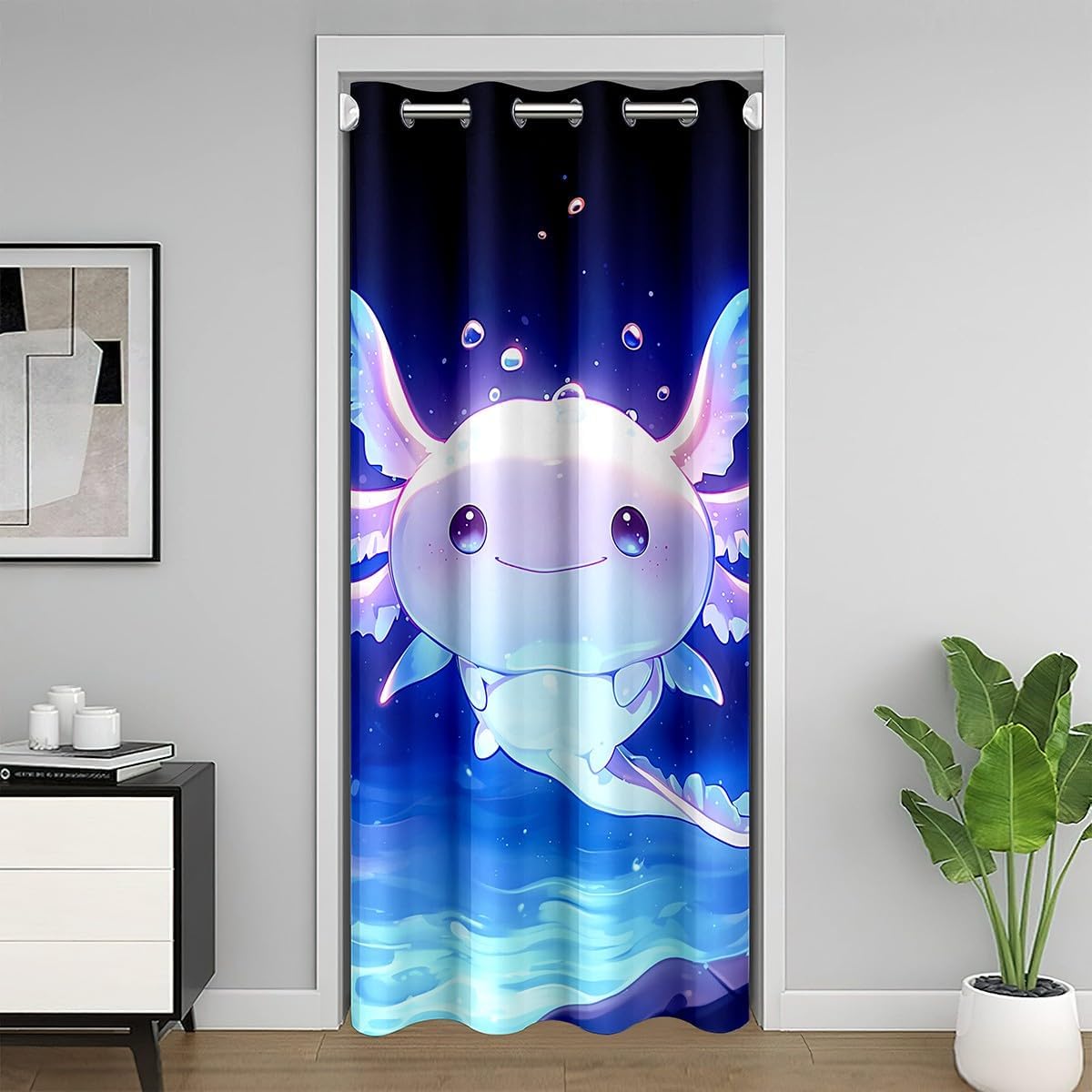 Feelyou Cute Axolotl Doorway Curtain Privacy 1 Panel, 34"x80" Cartoon Salamander Door Cover Curtain Kawaii Ocean Sealife 30%-50% Room Darkening Curtain Gift for Women Window Treatments, Blue Black