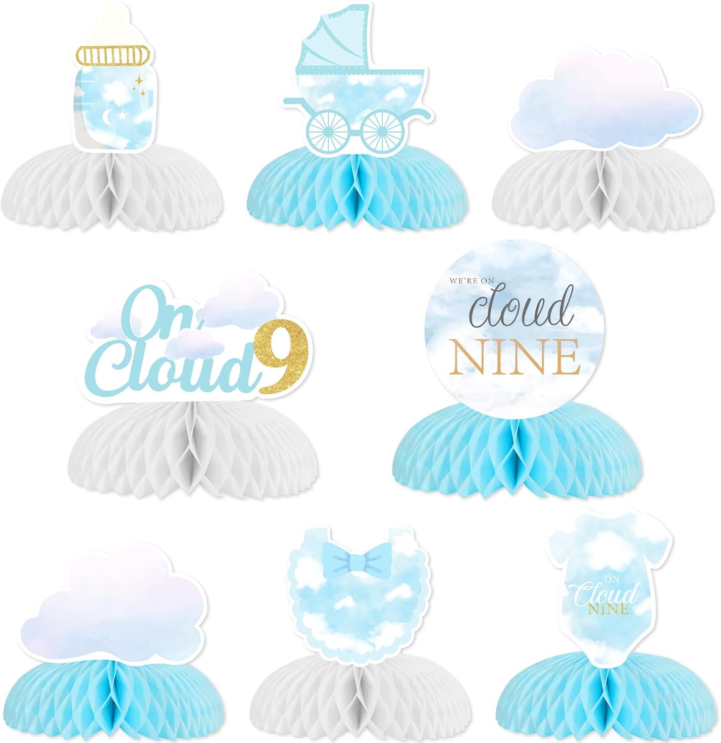 Jollyboom On Cloud 9 Baby Shower Party Table Decorations 8pcs Cloud Baby Shower Honeycomb Centerpiece Double-sided Printing Blue Baby Shower Centerpieces for Tables Boy Cloud Nine Party Decorations