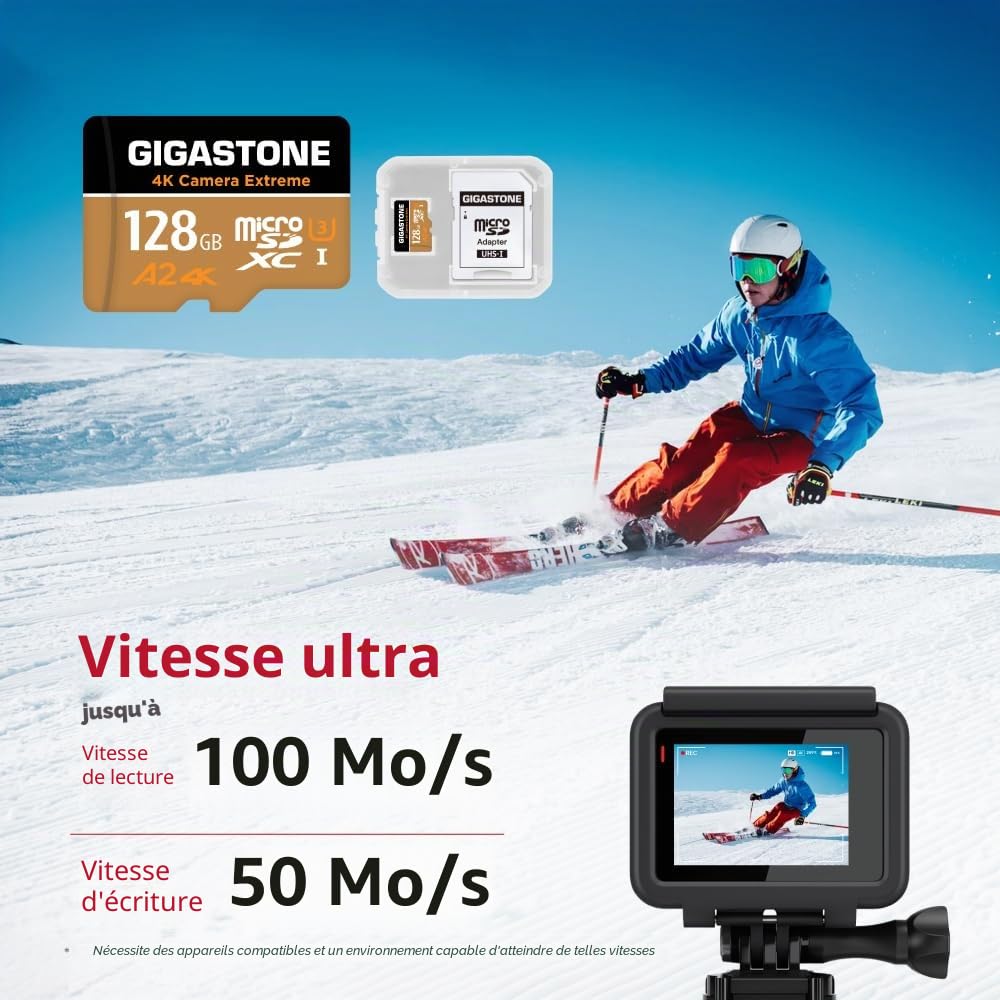 GIGASTONE Carte Micro SD 128 Go 4K Camera Extreme, Carte mémoire microSDXC pour Switch, GoPro, Action Camera, DJI, R/W jusqu'à 100/50 Mo/s, UHS-I U3 A2 V30 C10, avec Adaptateur