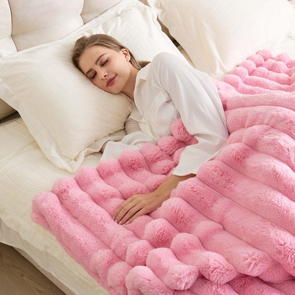 KayWing Faux Fur Throw Blanket: Pink Reversible Fuzzy Plush Rabbit Wide Strip Fleece - Luxury Fluffy Blanket for Home Aesthetics Enthusiast Age 25-40 - Throw Size 50"x 60" - Image 8