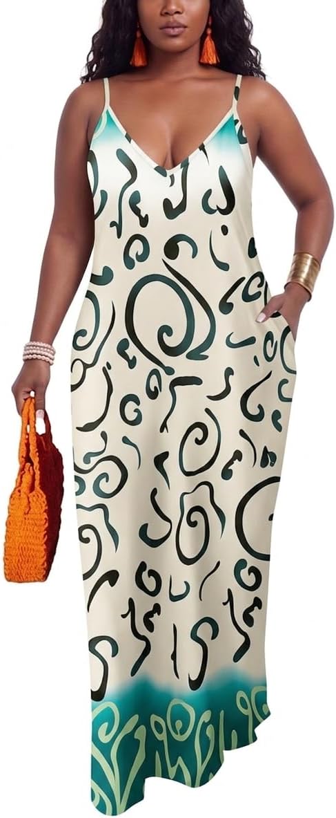 PerZeal Women's Summer Spaghetti Strap Dresses Plus Size Casual Print V Neck Maxi Dresses Loose Sundresses with Pockets