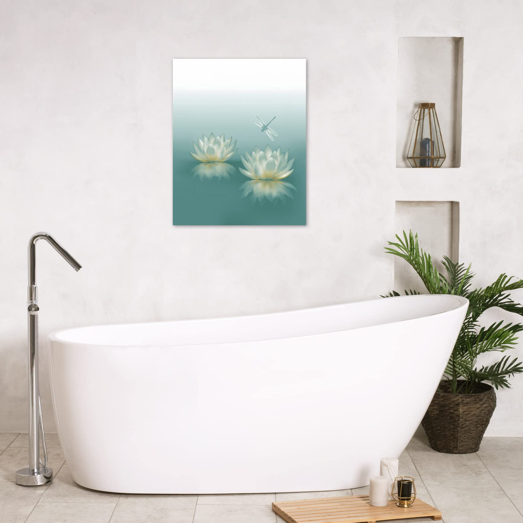 HVEST Dragonfly with Water Lily Flowers Canvas Wall Zen Spa Picture Printed Artwork for Living Room Bedroom Bathroom Wall Decor,Stretched and Framed Ready to Hang,12x16 Inches