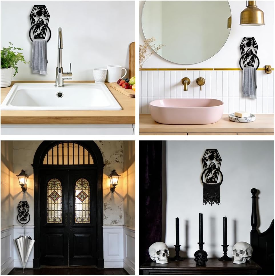 Art Bathroom Towel Ring Black Gothic Skull Metal Modern Round Towel Hanger 5.1in Wall Mounted Hanging Ring Bath Decorative Hardware Accessory for Kitchen Bar Toilet Home Hotel Decor image 5