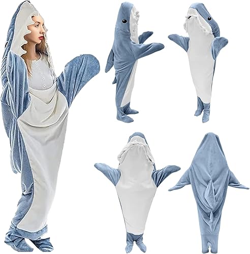 Manta de tiburón con capucha para adultos, manta de tiburón, saco de dormir de tiburón, cálida, suave y cómoda, manta de tiburón para campamento y