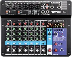 TEYUN Mixer de Áudio Profissional A8, 8 Canais, Bluetooth, USB, Phantom Power 48V, Placa de Som Digital, Ideal para Gravação Transmissão ao Vivo Podcast e Produção Musical em Casa 7/6/5/4/3 corredor