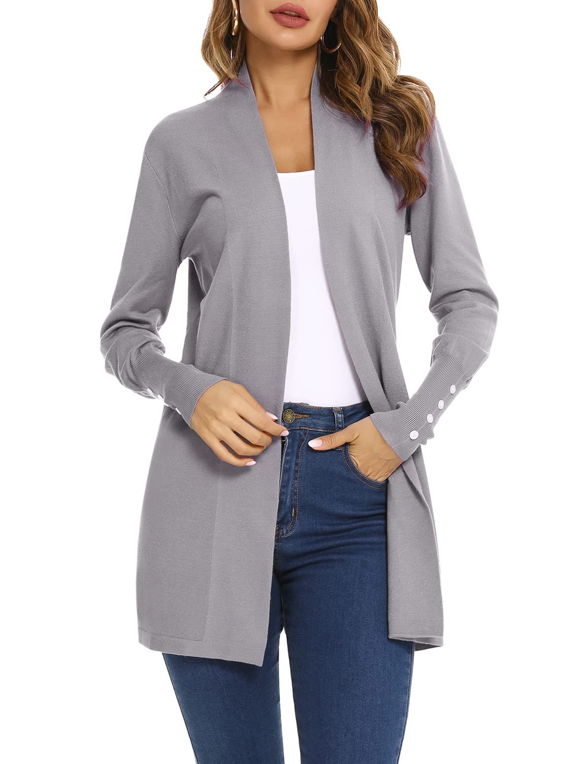 Irevial Donna Lungo Elegante A Maniche Lunghe Leggero Cardigan Lavorato in Maglia Senza Chiusura Tinta Unita Maglione