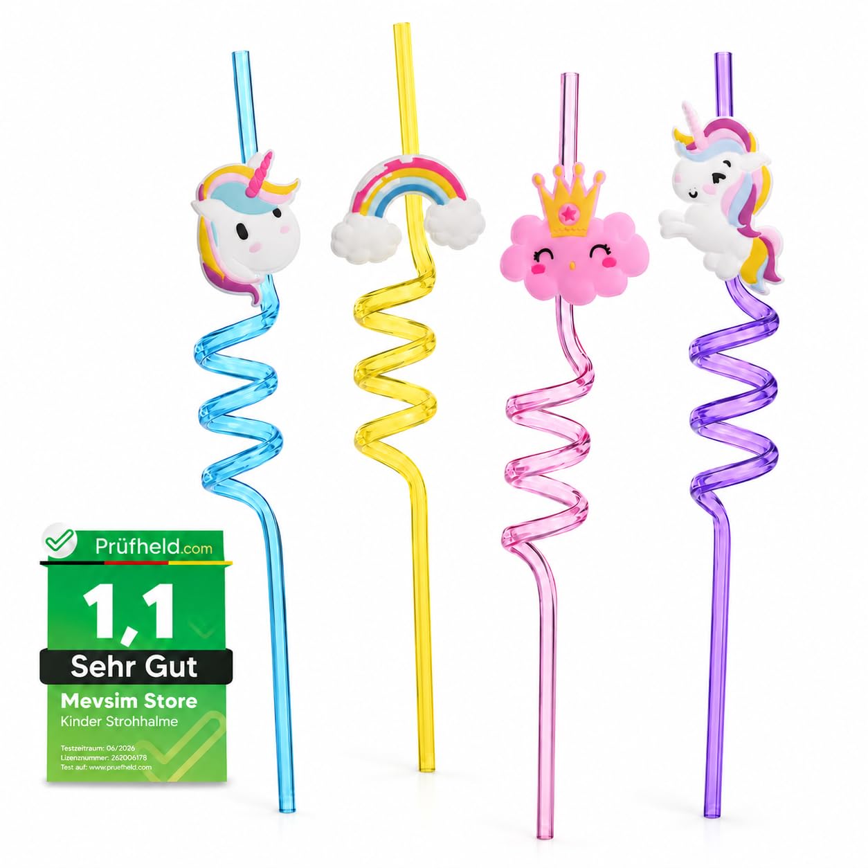 Einhorn Plastic Straws Reusable – 4 Pcs Colourful Curly Drinking Straws for Kids, Fun Bendy Cartoon Straws for Birthday Parties, Juice, Milkshakes, School Lunches & Everyday Drinks — image 1