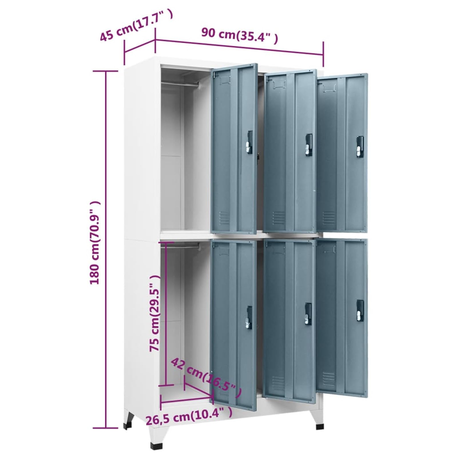 Capwee Armoire Vestiaire Métallique Industrielle - Meuble Casier en Acier avec 6 Compartiments - Gris Clair et Gris Foncé