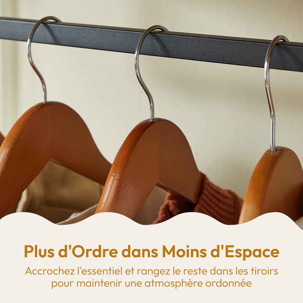 CASABEL Penderie Vêtements 4 Tiroirs en Tissu, Plateaux Bois et Métal Noir | Dressing ouvert, 4 tiroirs, Tringle à vêtements, Étagère supérieure, Gain de place, Structure robuste, Montage rapide
