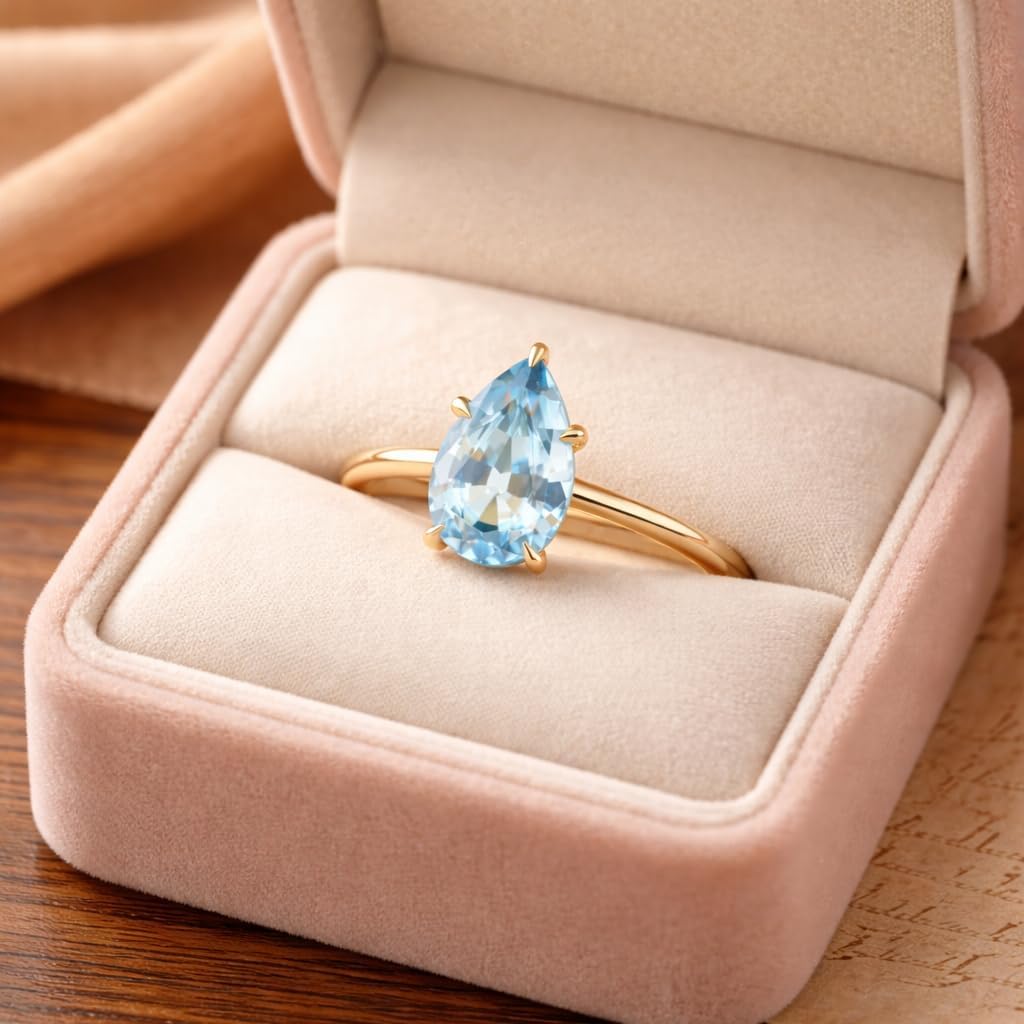Pear Shape Aquamarine Ring for Women 14K Yellow Gold Solitaire Ring March Birthstone Engagement Ring Minimalist Promise Jewelry Gift for Her