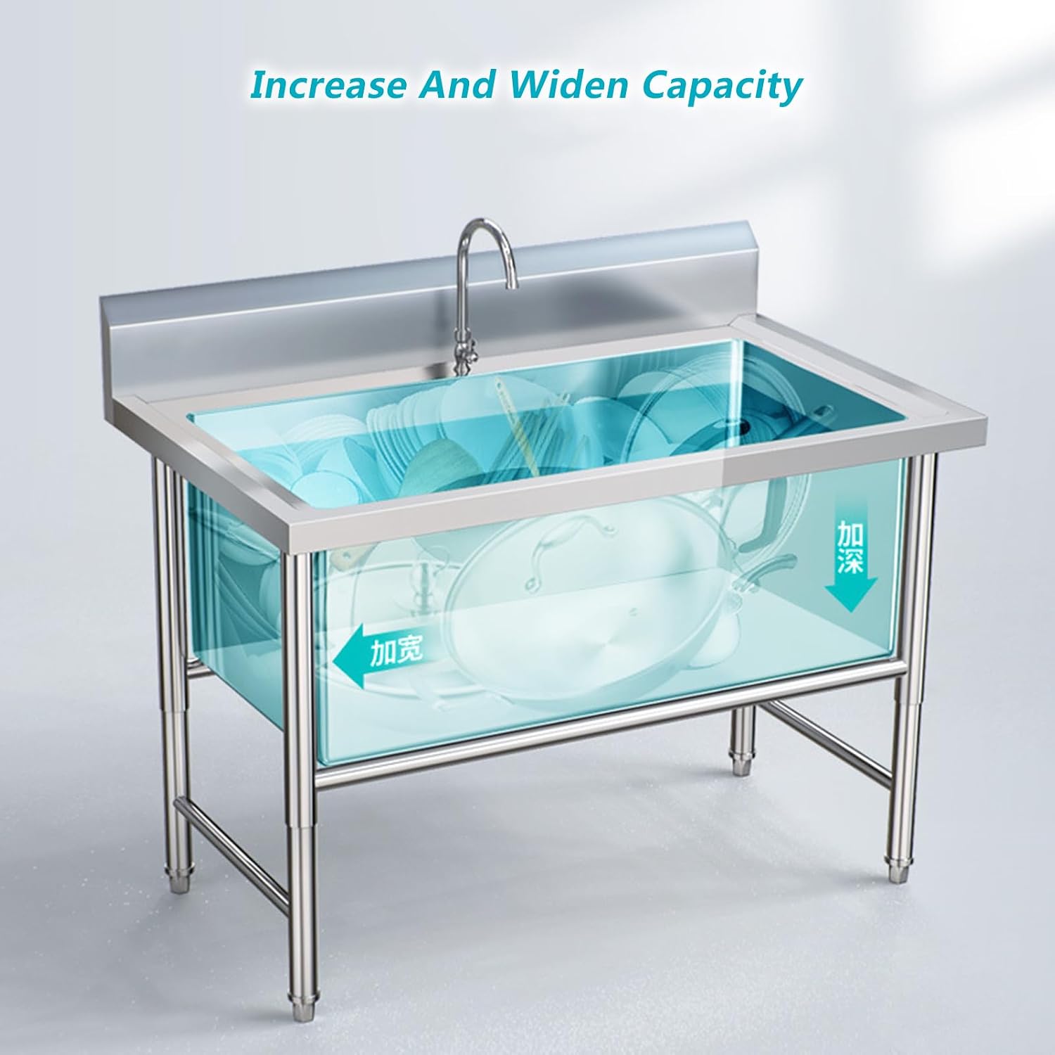 45in Freestanding Stainless Steel Industrial Kitchen Sink, 1 Compartment Commercial Restaurant Sink Set W/Faucet