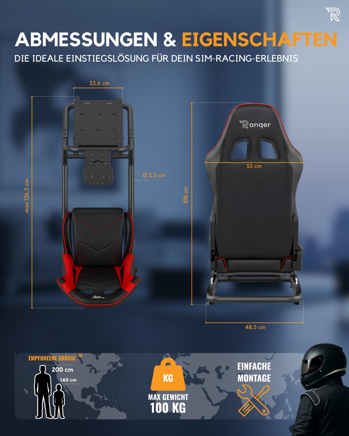 Ranqer Simulator Racing Seat, verstellbarer Rennsitz aus PU-Leder für SimRacing, ergonomischer Cockpit-Sitz, geeignet für PC, PlayStation und Xbox, Lenkrad und Pedale separat erhältlich