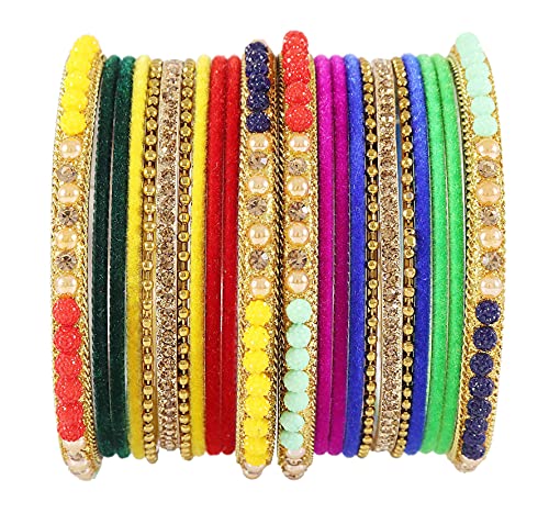 Image of NMII Metal with Zircon Gemstone, Pearls and Beads Studded Glossy Finished Bangle Set For Women and Girls