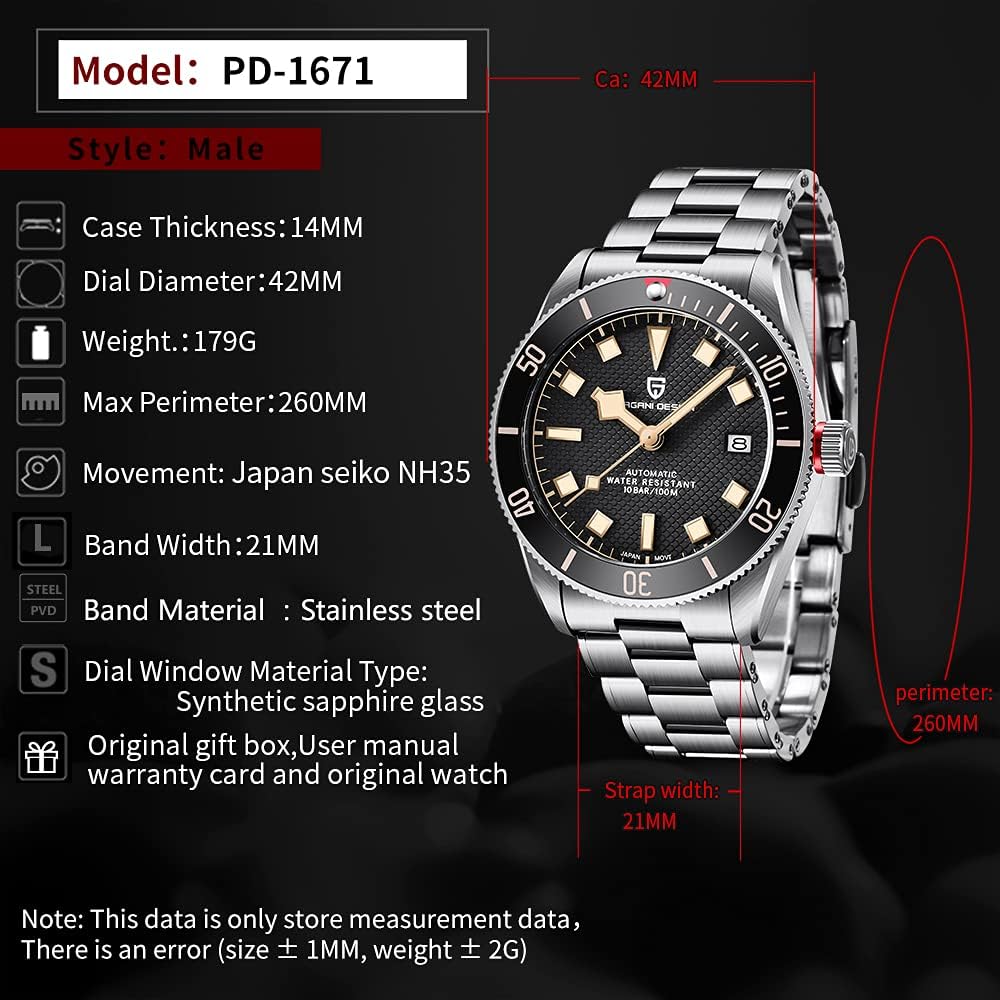 Diagram showing dimensions and specifications of the Pagani Design PD1671 watch