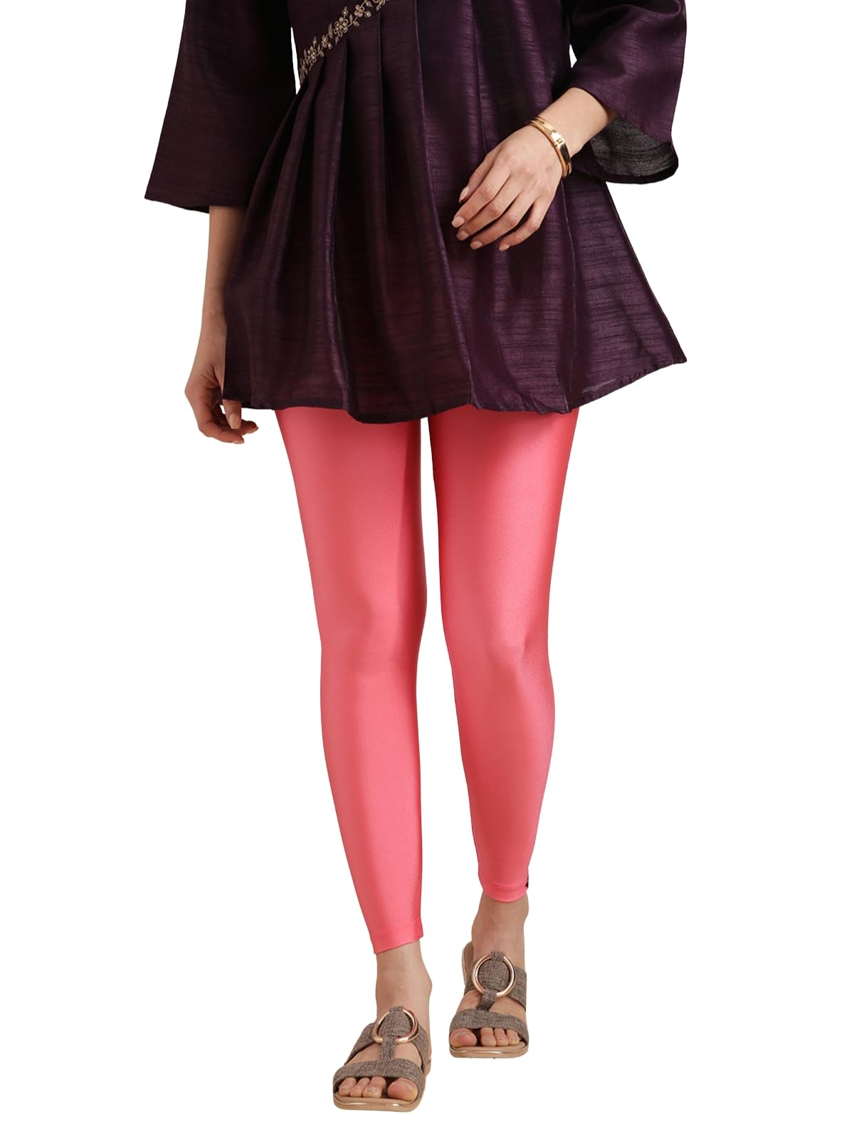 TWIN BIRDS Super Stretchable Mehandi Maroon Coloured Cotton Elasthane Fabric Ankle Length Leggings for Women