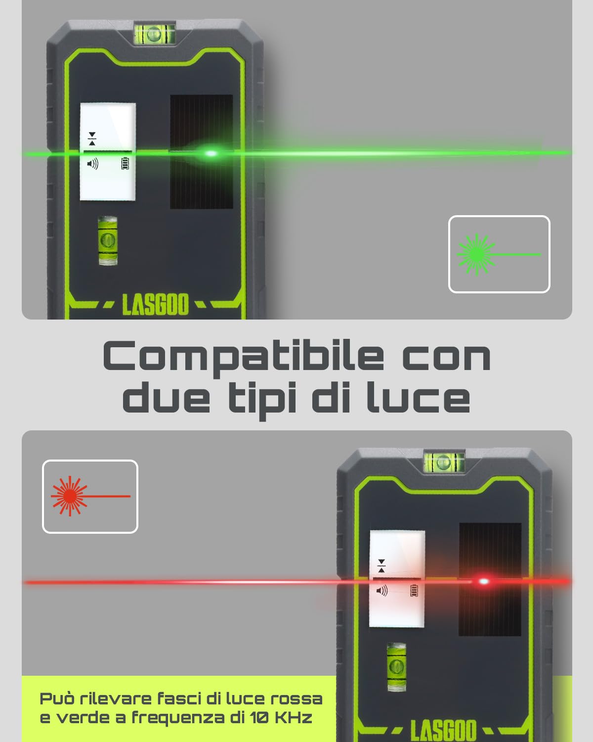 LasGoo LG-REC01 Ricevitore per Livella Laser, Doppio Display LCD, Rilevatore di Raggi Laser Verde e Rosso, Fino a 50m, Batteria Ricaricabile Integrata, Morsetto Incluso