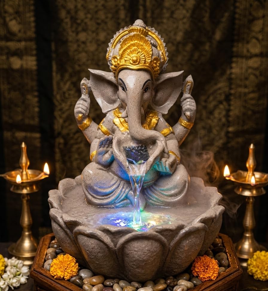 Modern Beige Lotus Ganesh Kamal Ganpati LED Water Fountain 12 Inch Indoor Outdoor Showpiece for Home Decor, Entrance, Living Room, Office-picture-37