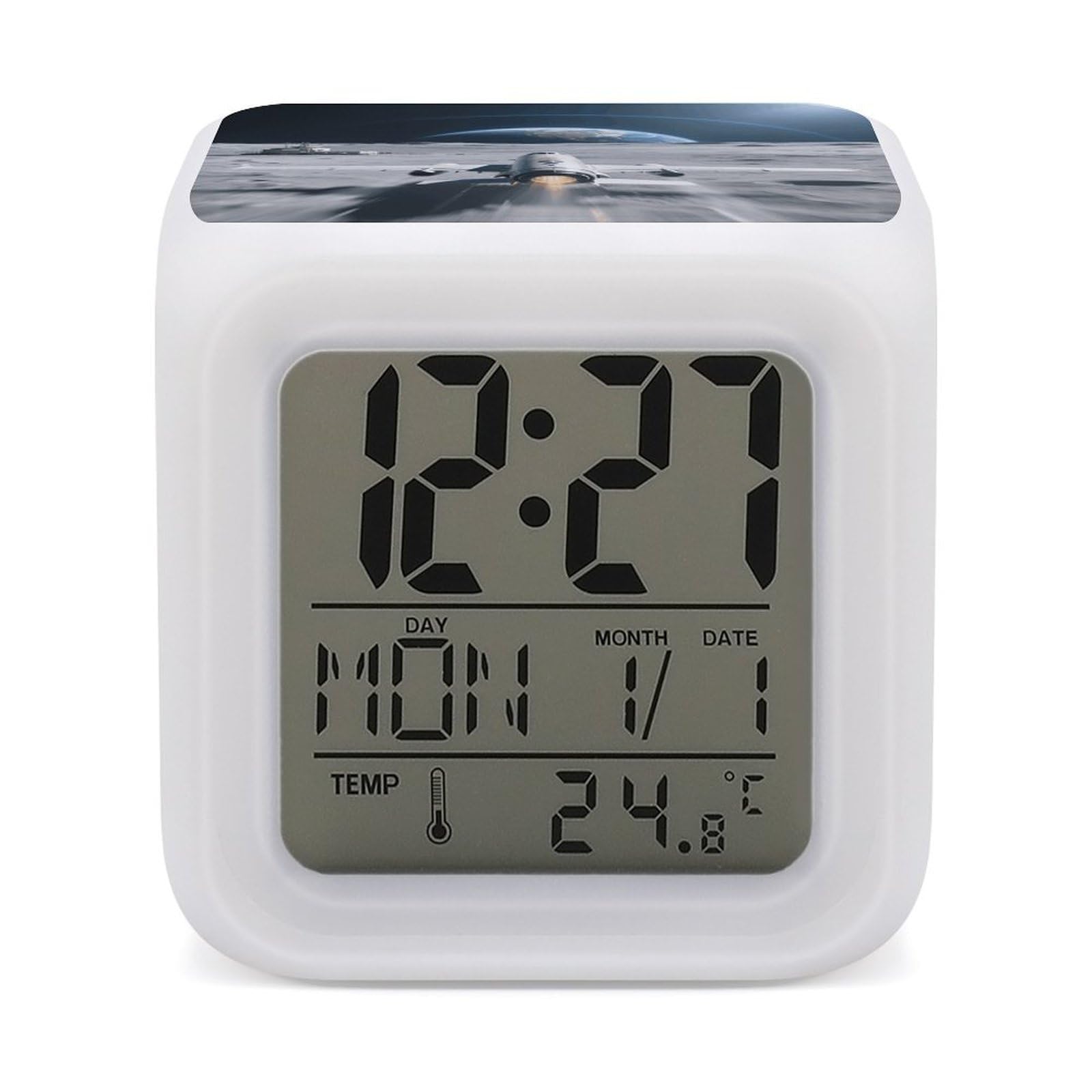 7 Color Ambient Night Light Cube Battery Operated Aircraft on The Lunar Surface Digital Clock with Snooze Temperature LED Digital Alarm Clocks Dimmable Wake Up Light Portable Mood Lamp for Bedroom Des