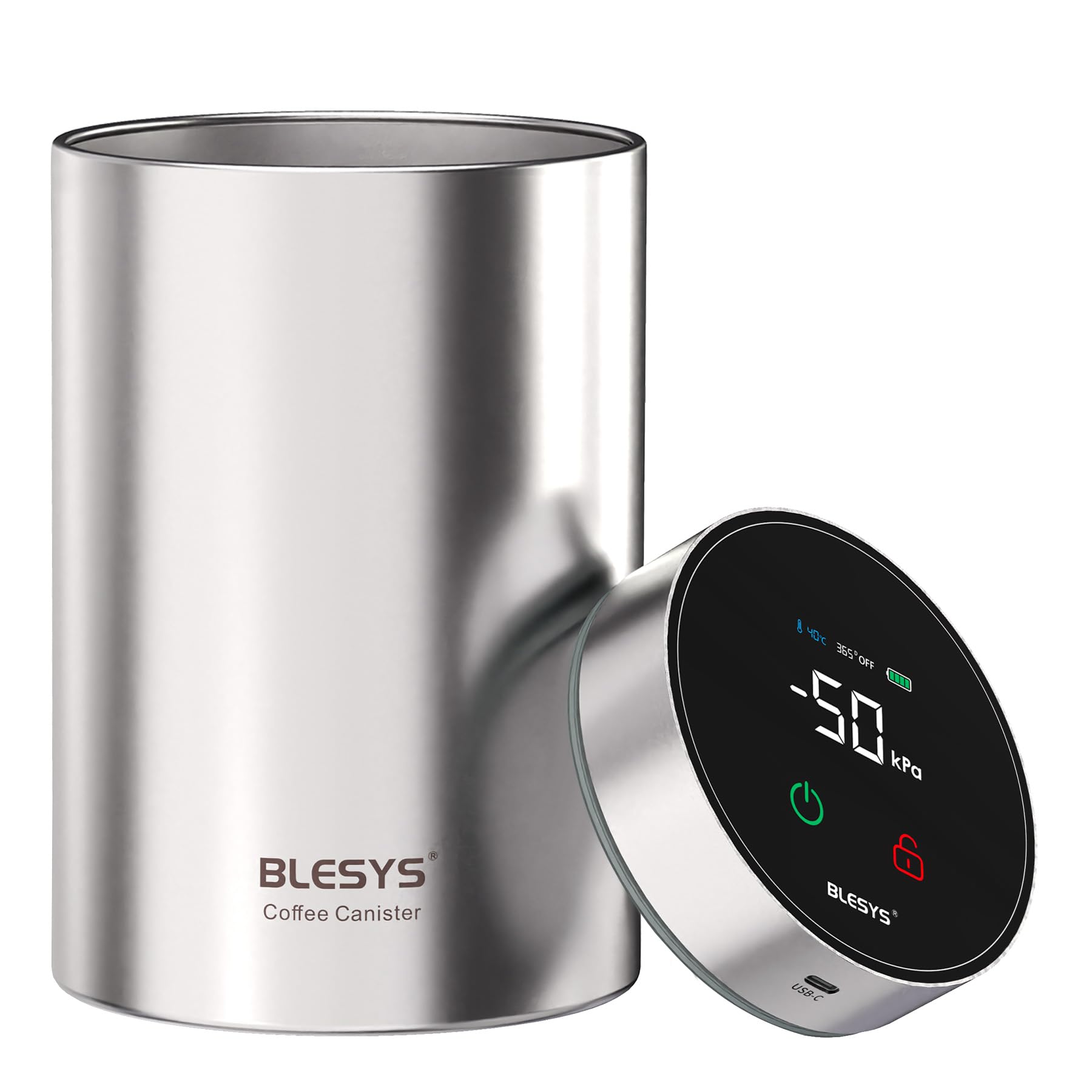 BLESYS Intelligente contenitore caffe sottovuoto per alimenti ermetico e automatico in acciaio inox con display LCD funzione di mantenimento della freschezza con un solo tocco 1.8l argento