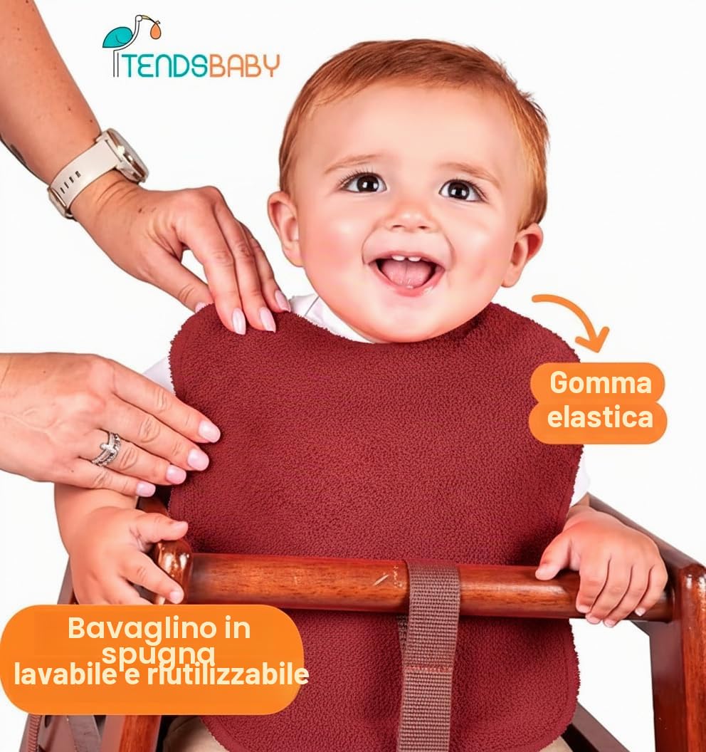 TENDS Bavaglini Asilo con Elastico e Impermeabile - Ideale per Svezzamento e BLW - Tessuto Antimacchia con Elastico al Collo per un Maggiore Comfort - Set di 5 Bavaglini in diversi colori