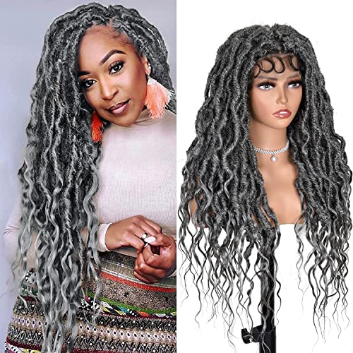 Annisoul Grey Faux Locs Wigs For Black Women Curly Goddess Faux Locs Crochet Hair Full Lace Braid Wig With Baby Hair Braided Wig Goddess Dreadlock Wig cover
