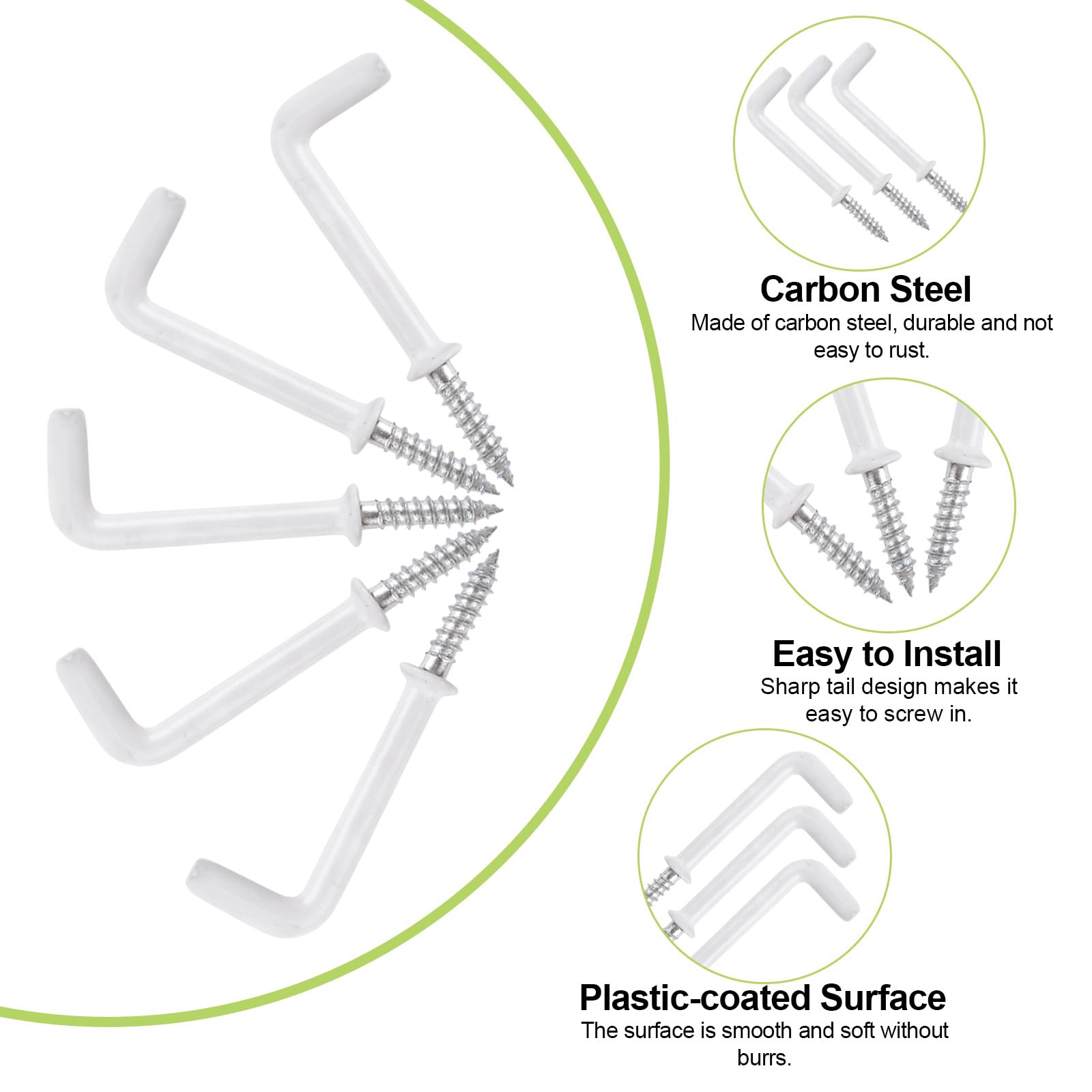 UFURMATE 80Pcs Screw in Hooks L Shaped Hooks with White Plastic-Coated Surface Shouldered Dresser Cup Hooks Right Angle Hooks Self Tapping Screw Hooks for Indoor and Outdoor Hanging - Image 4