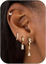 FIOROYAL 3/4 Pairs of Women's Hoop Earrings, Stainless Steel, Filled with 14 Carat Gold for Multiple Piercings, Ear, Flower, Moon, Zircon Piercing, Tragus Helix Silver Gold