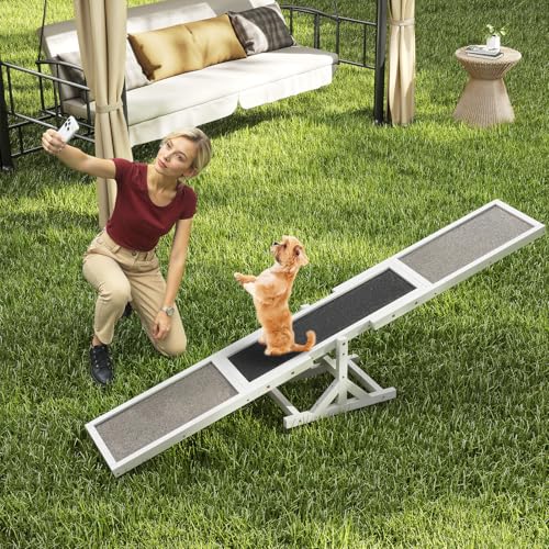 COSTWAY Hundewippe Holz, Hunde Agility Wippe, Outdoor Hundesport für Balance-Training, für kleine & große Hunde bis 60 kg, wetterfestes Spielset, 179 x 30 x 55 cm (Weiß)