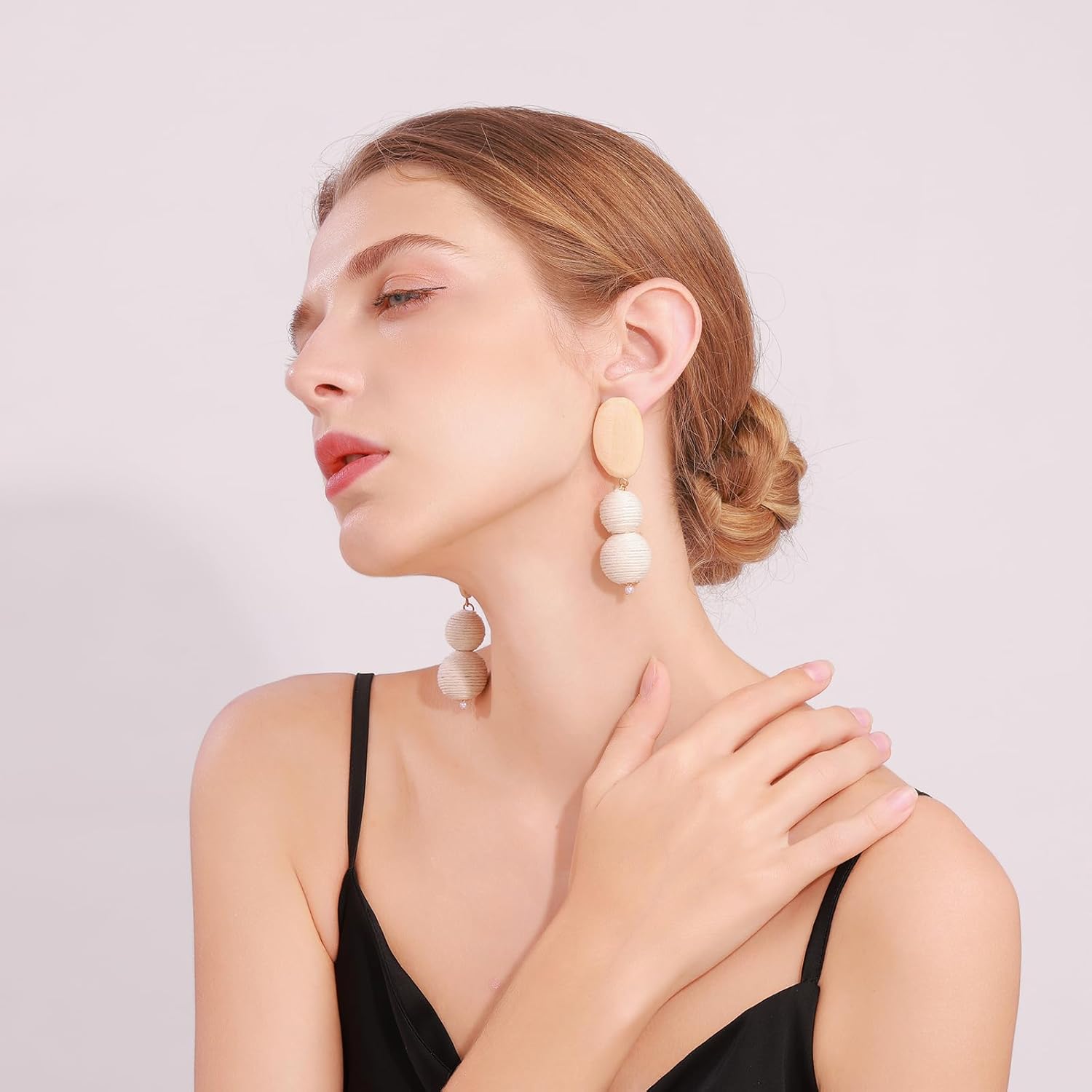 Wooden Raffia Earring for Women, Handmade Boho Raffia Ball Earrings, Statement Wicker Round Drop Lightweight Dangle Drop Rattan Earrings,Beige Summer Beach Vacation Jewelry - Image 2