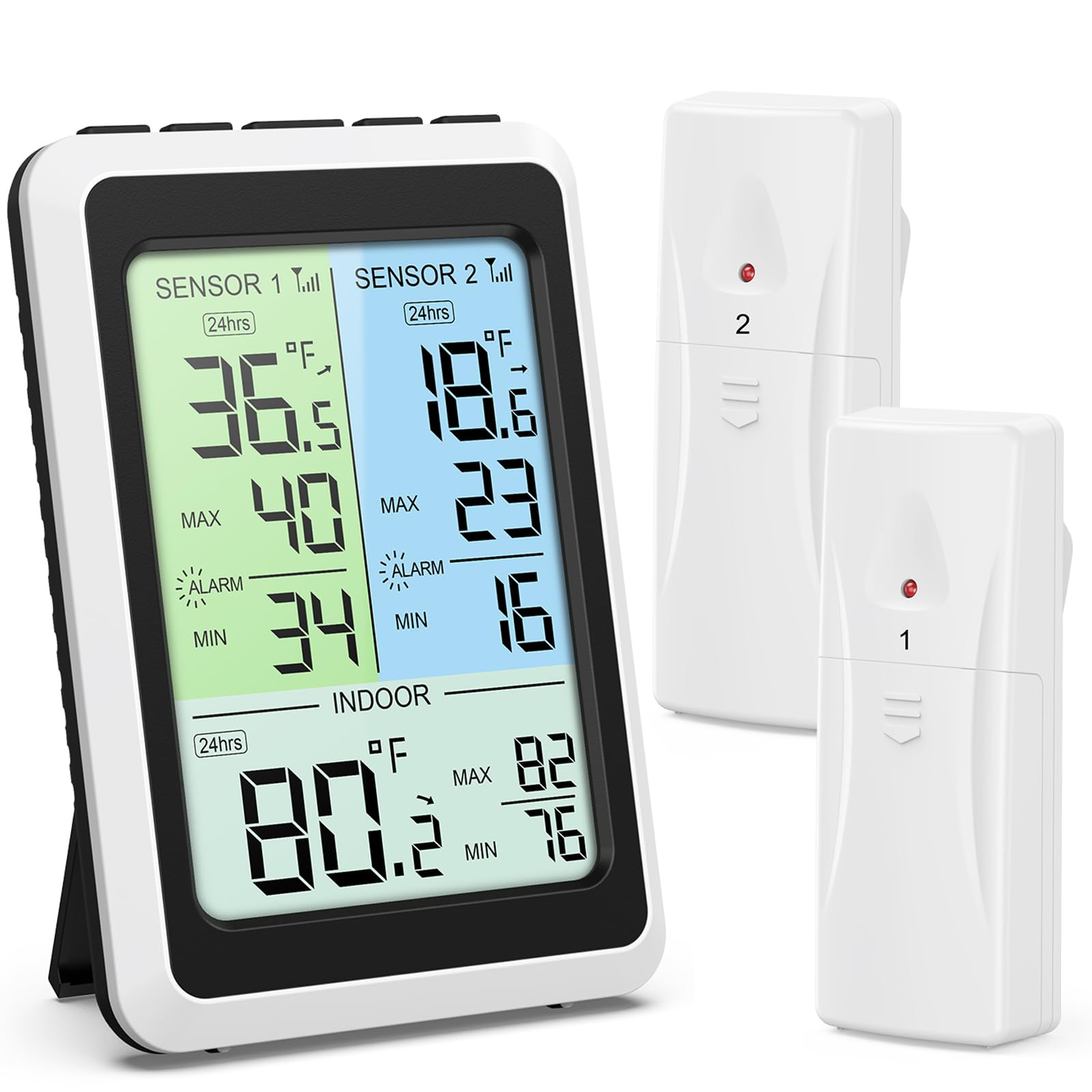 Brifit Kühlschrankthermometer, 4,5'' Farbdisplay Thermometer mit 2 Sensoren, Hintergrundbeleuchtung, Alarmfunktion, MAX/MIN-Wert, ℃/℉ Schalter, für Kühlschrank/Gefrierschrank, Innen