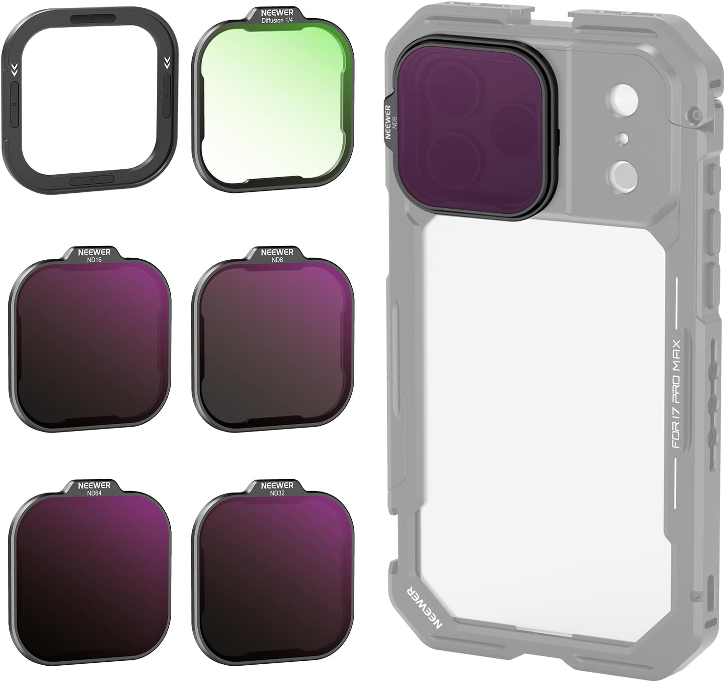 NEEWER ND Filter Set for PA143/PA144 Phone Cage Only, Neutral Density ND8/16/32/64 + Black Diffusion 1/4 + Magnetic Backplate, Filter Accessories Kit Compatible with iPhone 17 Pro/17 Pro Max, Black