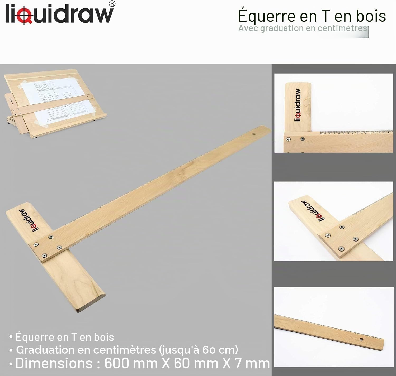 Liquidraw Planche à dessin d'artiste A2, planche à dessin d'art en bois massif réglable à 6 angles avec règle carrée en T de 60 cm, chevalet de table portable pour dessin 25,5" x 18,5"