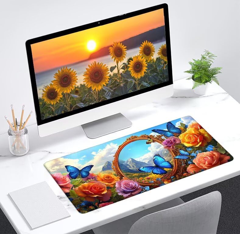 Tapis de souris XXL rose papillon pour embellir votre espace télétravail et bureau d'ordinateur