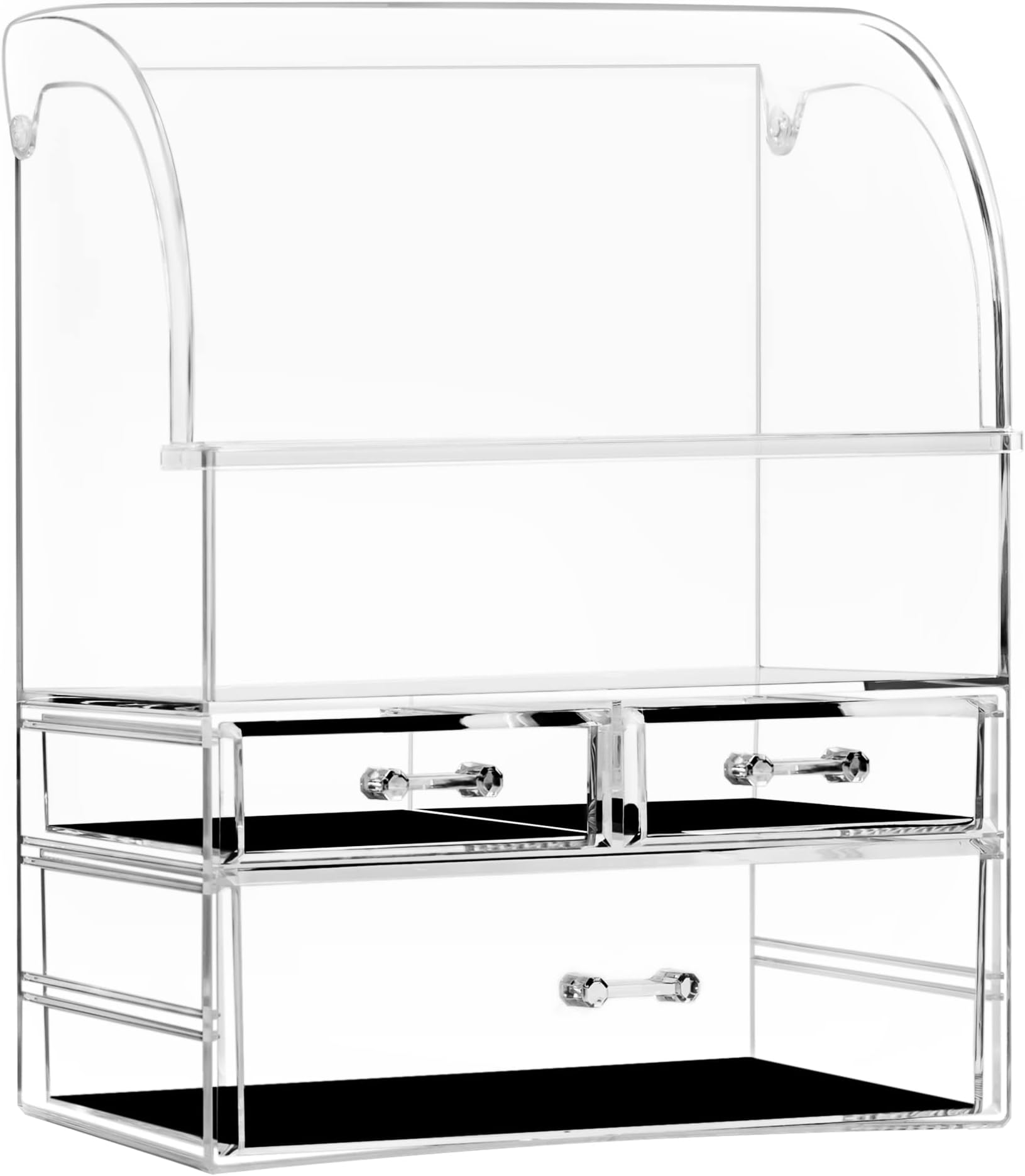 Professional Acrylic Makeup Organizer with Lid Dust Water Proof, Thicker Skin Care Cosmetic Display Case with 3 Drawers, Vanity Countertop Make Up Organizator for Jewelry & Perfume, Clear